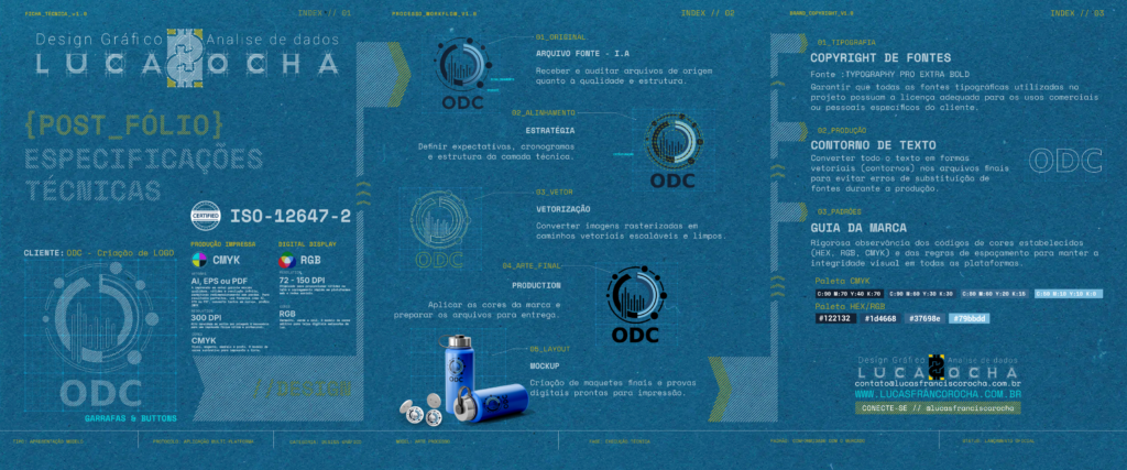 Design Gráfico em São Paulo: Lucas Rocha e a Excelência em Projetos de Marca Em busca de Design Gráfico em São Paulo que realmente faça a diferença? Conheça o trabalho de Lucas Rocha, especialista em transformar ideias em realidade visual com precisão técnica e criatividade. Recentemente, tive o prazer de colaborar com a ODC, desenvolvendo uma logomarca impactante e brindes promocionais que garantiram o sucesso de sua campanha.
Minha abordagem vai além da estética. Cada projeto de design gráfico é cuidadosamente planejado, desde a análise de dados e estratégia inicial até a produção final. Para a ODC, assegurei o alinhamento técnico para produção e o enquadramento rigoroso em gabaritos, garantindo que cada detalhe estivesse em conformidade com os mais altos padrões de qualidade, como a certificação ISO-12647-2.
Expertise Técnica em Destaque:
•Vetorização: Transformação de imagens rasterizadas em vetores escaláveis e limpos.
•Arte Final: Aplicação precisa de cores e preparação de arquivos para entrega, seja para produção impressa (CMYK) ou display digital (RGB), com resoluções ideais (300 DPI para impressão, 72-150 DPI para digital).
•Tipografia e Guia de Marca: Gestão de direitos autorais de fontes e rigorosa observância de códigos de cores (HEX, RGB, CMYK) e regras de espaçamento para manter a integridade visual em todas as plataformas.
•Layout e Mockup: Criação de maquetes finais e provas digitais prontas para impressão, incluindo garrafas e buttons como os desenvolvidos para a ODC.
Se você precisa de um designer gráfico em São Paulo para criar uma identidade visual forte, materiais promocionais de alta qualidade ou qualquer outro serviço de design que exija excelência e atenção aos detalhes, Lucas Rocha é o profissional certo. Conecte-se hoje e descubra como posso impulsionar a sua marca no mercado de São Paulo e além!