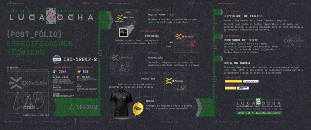 Lucas Rocha: Especialista em Vetorização e Design para Uniformes e Brindes em São Paulo
Para empresas em São Paulo que buscam excelência em vetorização de logotipos e design para uniformes e brindes, Lucas Rocha oferece soluções que garantem impacto e qualidade. Recentemente, tive o prazer de colaborar com a EXPecialize Lab na preparação de artes para sua campanha de final de ano, assegurando que todos os arquivos estivessem prontos para a produção de uniformes personalizados e brindes promocionais.
Minha expertise abrange desde a vetorização de logotipos complexos até a arte final para diversos materiais. No projeto EXPecialize Lab, garanti que cada detalhe, desde a escolha da tipografia (como Rig Shaded Bold Face e Morandi Regular) até a aplicação das cores da marca (paleta HEX/RGB FFD42A e FFFFFF), estivesse em perfeita conformidade. A atenção rigorosa aos gabaritos e padrões de qualidade, incluindo a certificação ISO-12647-2, assegura que o resultado final, seja em produção impressa (CMYK) ou digital (RGB), atenda às expectativas mais exigentes.
Serviços Essenciais para Sua Campanha em São Paulo:
•
Vetorização de Logotipos: Transformação de imagens em vetores escaláveis para aplicação em qualquer formato, desde camisetas a balões.
•
Design para Uniformes: Criação e adaptação de artes para camisetas e vestuário corporativo, garantindo a identidade visual da sua marca.
•
Brindes Personalizados: Desenvolvimento de designs para balões promocionais e outros brindes, otimizando a visibilidade da sua campanha.
•
Arte Final para Produção: Preparação técnica de arquivos para impressão, com controle de cores, resolução (300 DPI) e formatos (AI, EPS, PDF).
•
Consultoria em Gabaritos: Orientação e aplicação de padrões técnicos para garantir a qualidade e a conformidade na produção de materiais.
Se sua empresa em São Paulo precisa de um designer gráfico com foco em vetorização, design para uniformes ou brindes personalizados para sua próxima campanha, conecte-se com Lucas Rocha. Vamos transformar suas ideias em materiais promocionais de alta qualidade que fortalecerão a presença da sua marca!