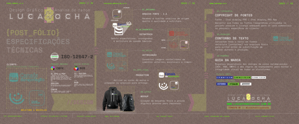 Lucas Franco Rocha: Diagramação, Layouts e Entrega Rápida para Eventos em São Paulo
Precisa de diagramação e layouts em São Paulo com agilidade e precisão para eventos urgentes? Lucas Rocha é o seu parceiro ideal em design gráfico sob demanda. Recentemente, tive a oportunidade de colaborar com uma agência parceira da Rede Itaú no projeto Canais de Reputação, onde preparei em tempo recorde arquivos essenciais para um evento de recuperação de créditos, concluindo todo o processo – desde a vetorização até os layouts para aprovação e arquivos para produção – em apenas 24 horas.
Minha expertise em design gráfico é fundamental para garantir que, mesmo sob pressão, a qualidade e a conformidade técnica sejam mantidas. No projeto Itaú, assegurei que a tipografia (Itaú Display PRO), a paleta de cores (HEX/RGB #273593, #72bb38, #FFFFFF) e os gabaritos estivessem perfeitamente alinhados, resultando em materiais impecáveis para moletons e mochilas.
Serviços de Design Gráfico com Agilidade e Qualidade:
•
Diagramação e Layouts para Eventos: Criação de materiais visuais impactantes e funcionais para campanhas e eventos corporativos.
•
Vetorização de Logotipos e Elementos: Transformação de imagens para garantir escalabilidade e alta resolução em qualquer aplicação.
•
Preparação de Arquivos para Produção: Expertise em formatos (AI, EPS, PDF), perfis de cores (CMYK/RGB) e resoluções (300 DPI para impressão) para garantir a fidelidade do material final.
•
Design para Moletons e Mochilas: Desenvolvimento de artes personalizadas para vestuário e brindes, fortalecendo a identidade visual da sua marca.
•
Atendimento a Demandas Urgentes: Capacidade de entregar projetos complexos em prazos apertados, sem comprometer a qualidade.
Se sua empresa em São Paulo busca um designer gráfico que combine agilidade, precisão técnica e um profundo conhecimento em diagramação, layouts e produção de PDFs para eventos ou campanhas, entre em contato com Lucas Rocha. Estou pronto para transformar suas necessidades em soluções visuais de alto impacto!